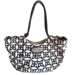 Brighton Vintage Shoulder Bag Navy Cream Floral Pattern Leather Rope Strap EUC